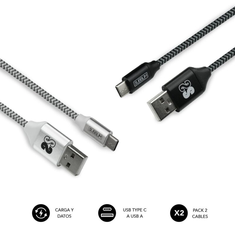 Pack 2 Cables USB Tipo C - USB A (3.0A) Black/Silver