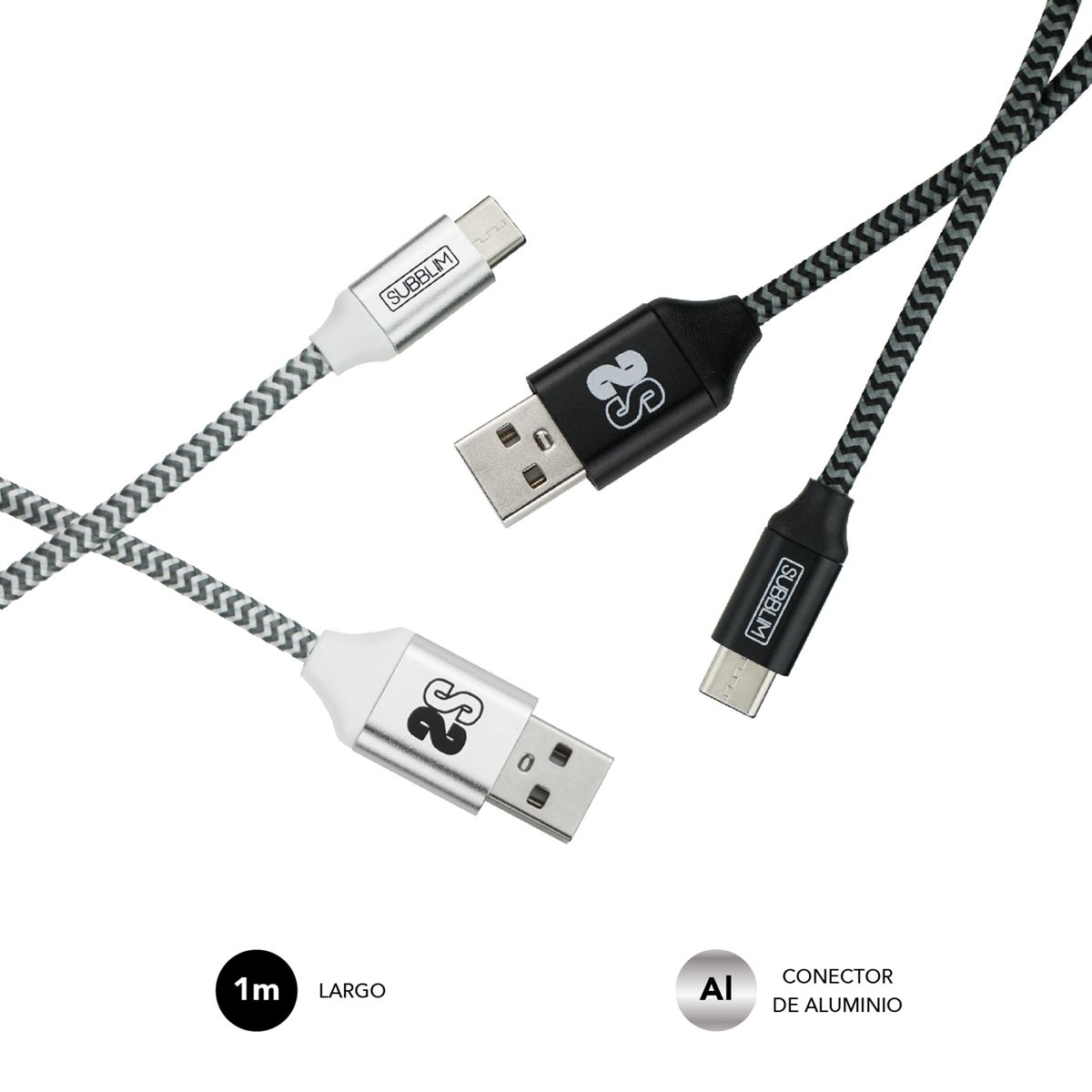Pack 2 Cables USB Tipo C - USB A (3.0A) Black/Silver