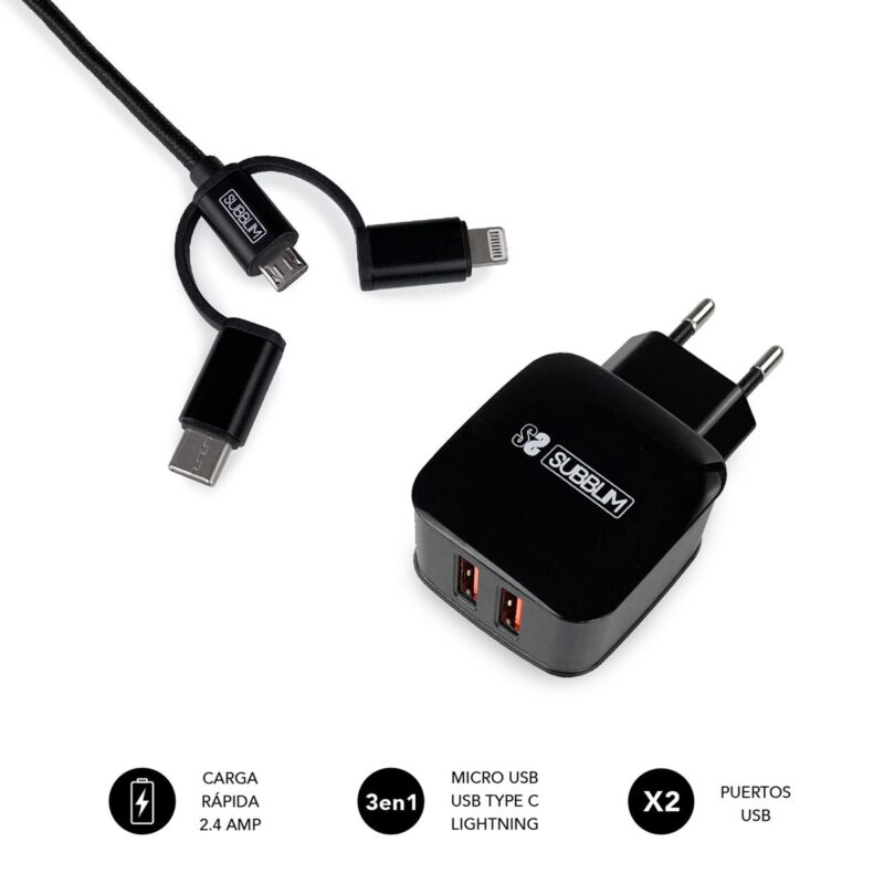 Cargador De Pared Abs Dual (2.4A) + Cable 3 En 1  Negro