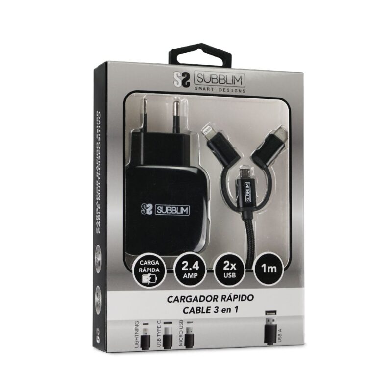 ABS Dual Wall Charger (2.4A) + Cable 3in1 Black