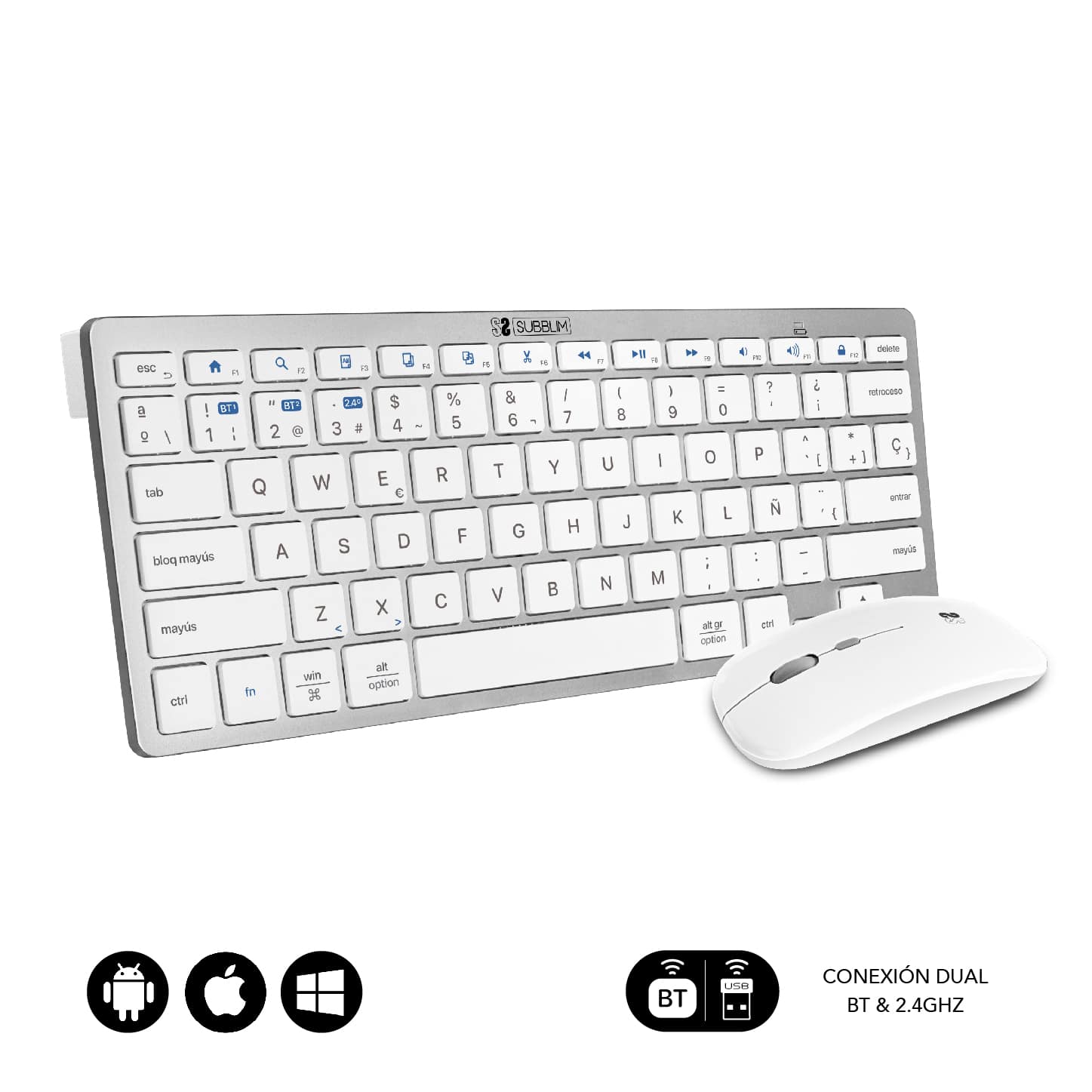 teclado y ratón blanco y plateado compactos multidispositivo. Ideal para escritorios pequeños, viajes y trabajo en entornos multidispositivo