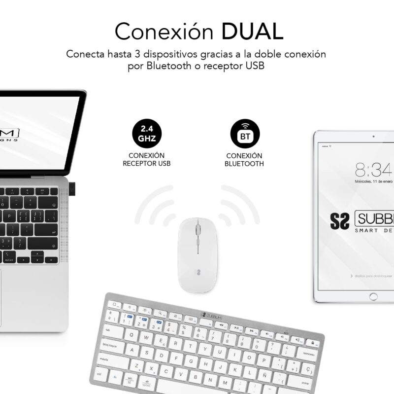 ✅ Teclado con Ratón Bluetooth + 2.4G Combo Multidispositivo Compacto Plateado
