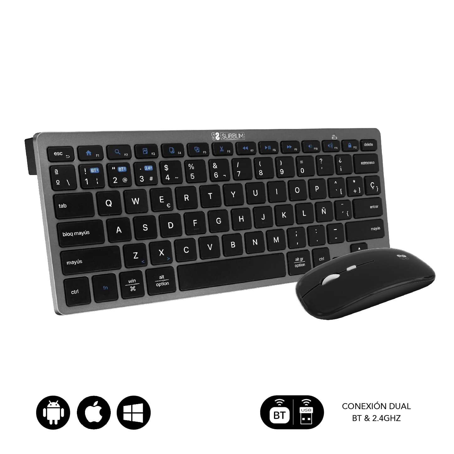 Combo multidispositivo compacto teclado y ratón en color gris y negro diseño elegante y ergonómico.