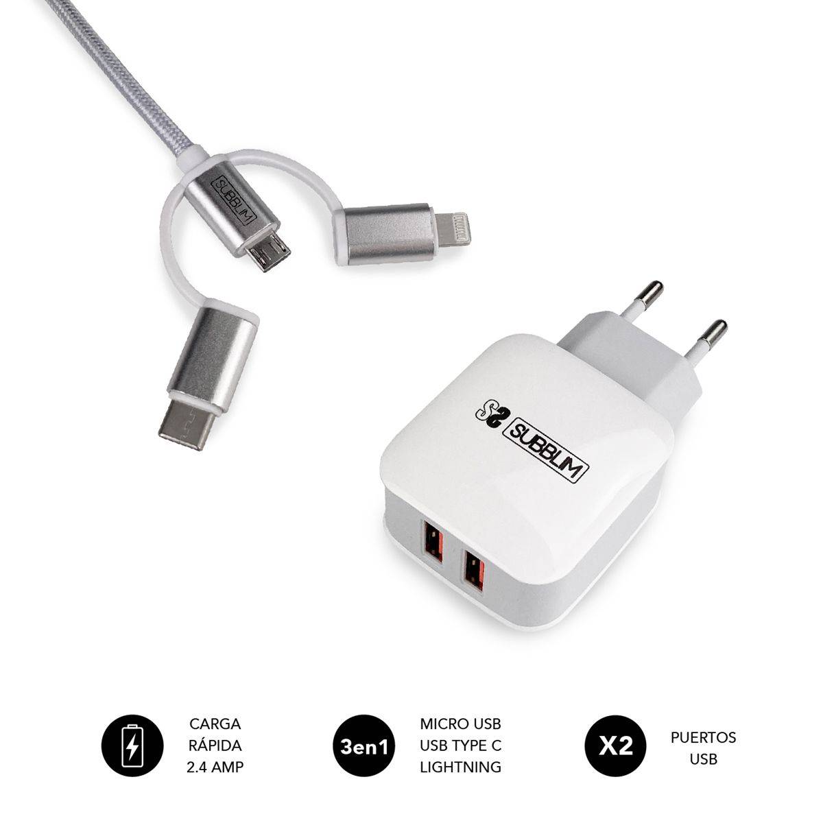 Subblim Cargador de pared doble, USB-A + USB-C, 25W, 3A, con cable