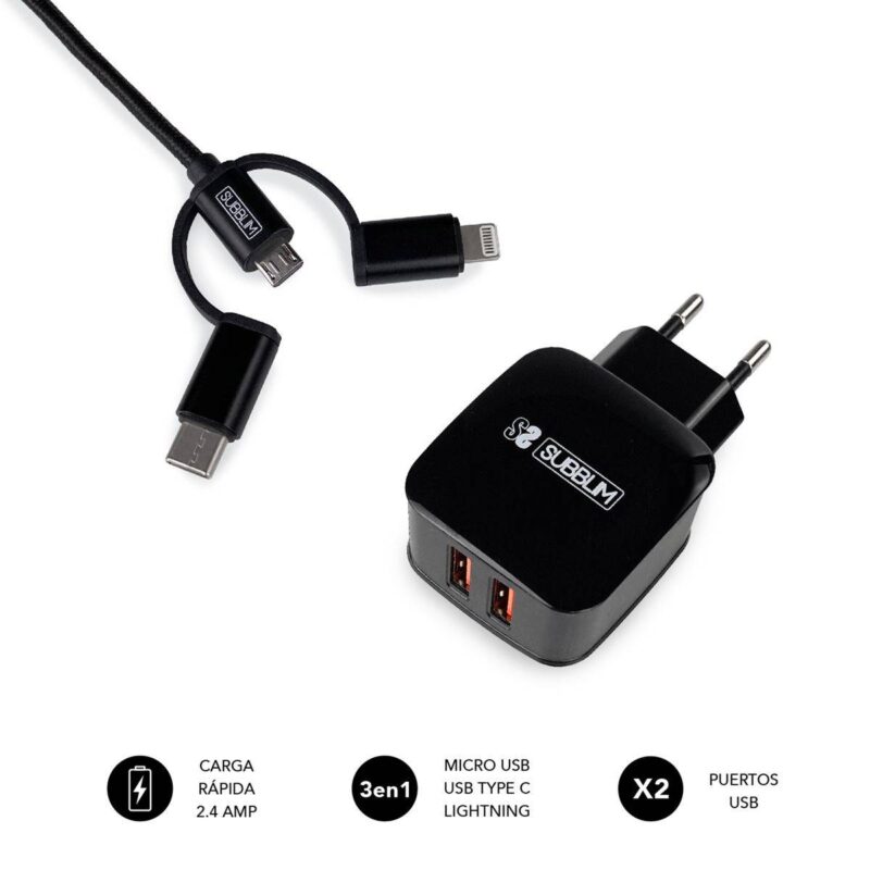 ABS Dual Wall Charger (2.4A) + Cable 3in1 Black