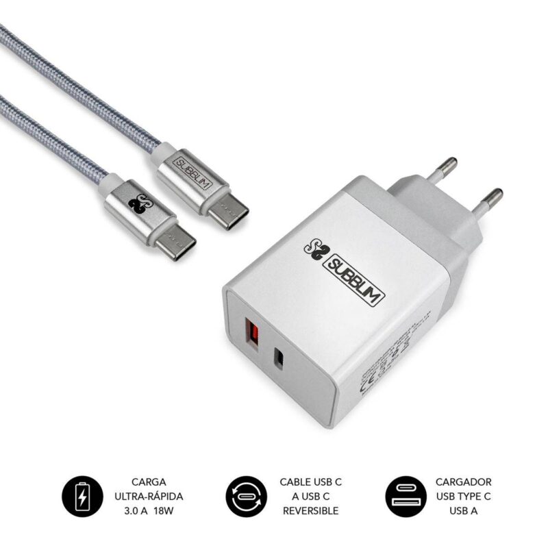 ✅ Cargador Smart Charger PD18W+ 2.4A + C to C - Blanco
