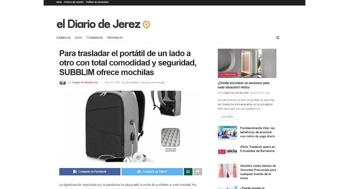 Mochilas para el portátil de subblim, artículo de El Diario de Jerez sobre el lanzamiento de la nueva gama Air Padding