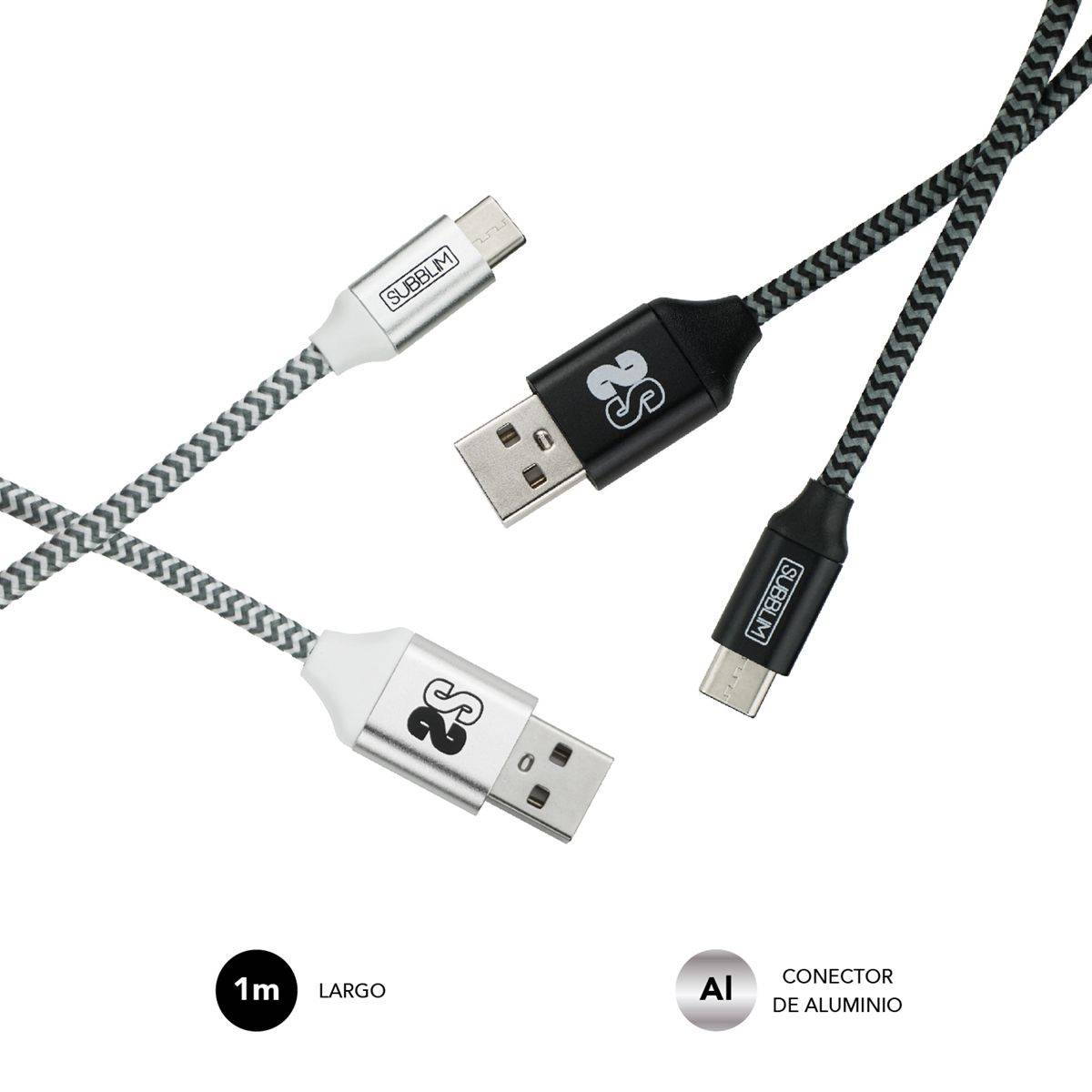 alarma Convocar temporal ✓ Pack 2 Cables USB Tipo C – USB A (3.0A) Black/Silver | Subblim