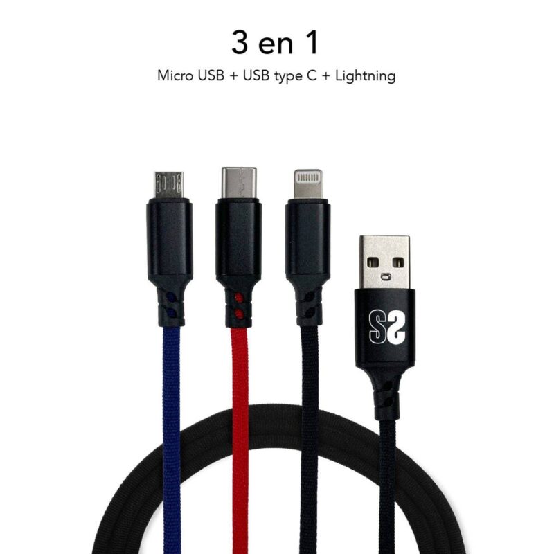 ✅ Premium Cable 3en1 (2.4A) Micro USB + Type C + Lightning