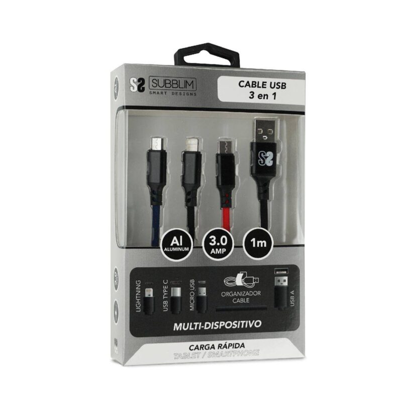 ✅ Premium Cable 3en1 (2.4A) Micro USB + Type C + Lightning