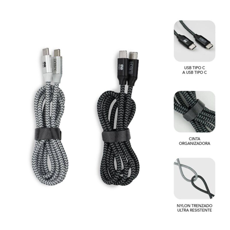 ✅ Pack 2 Cables USB Tipo C – USB Tipo C (3.0A) Black/Silver