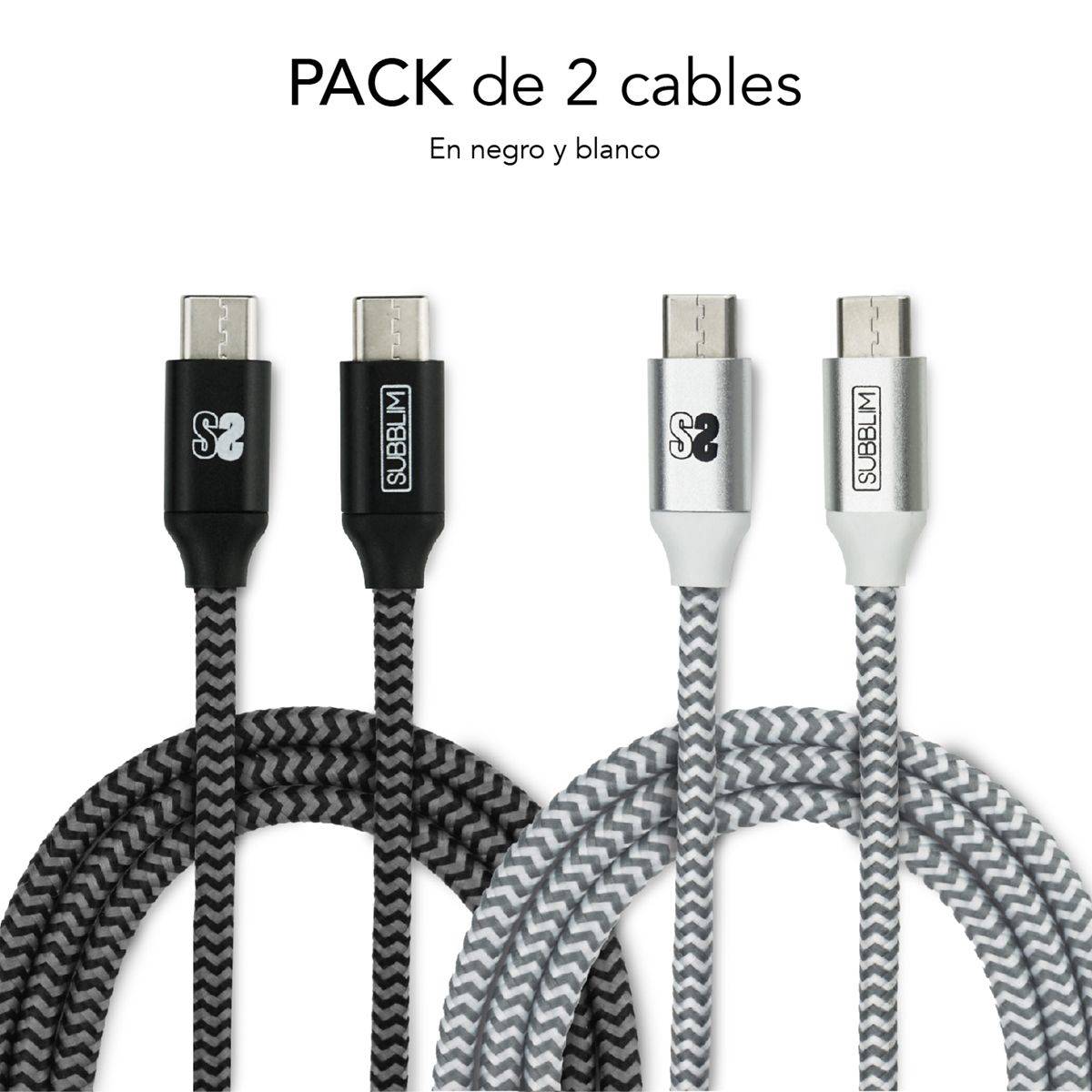 Ennegrecer Sudán embargo ✓ Pack 2 Cables USB Tipo C – USB Tipo C (3.0A) Black/Silver | Subblim