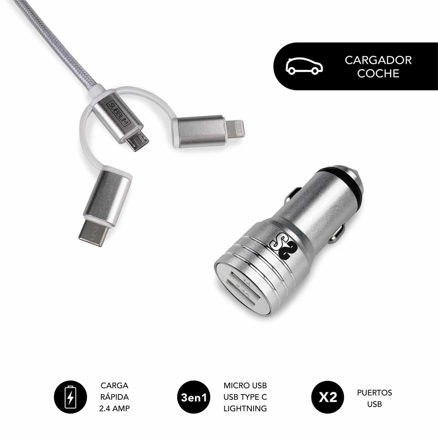Cable triple y cargador dual para coche en color plata