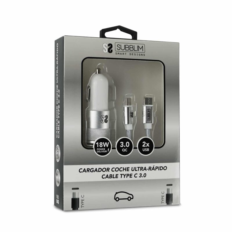 ✅ Dual PD Car Charger PD18W+2.4A + C to C Cable White
