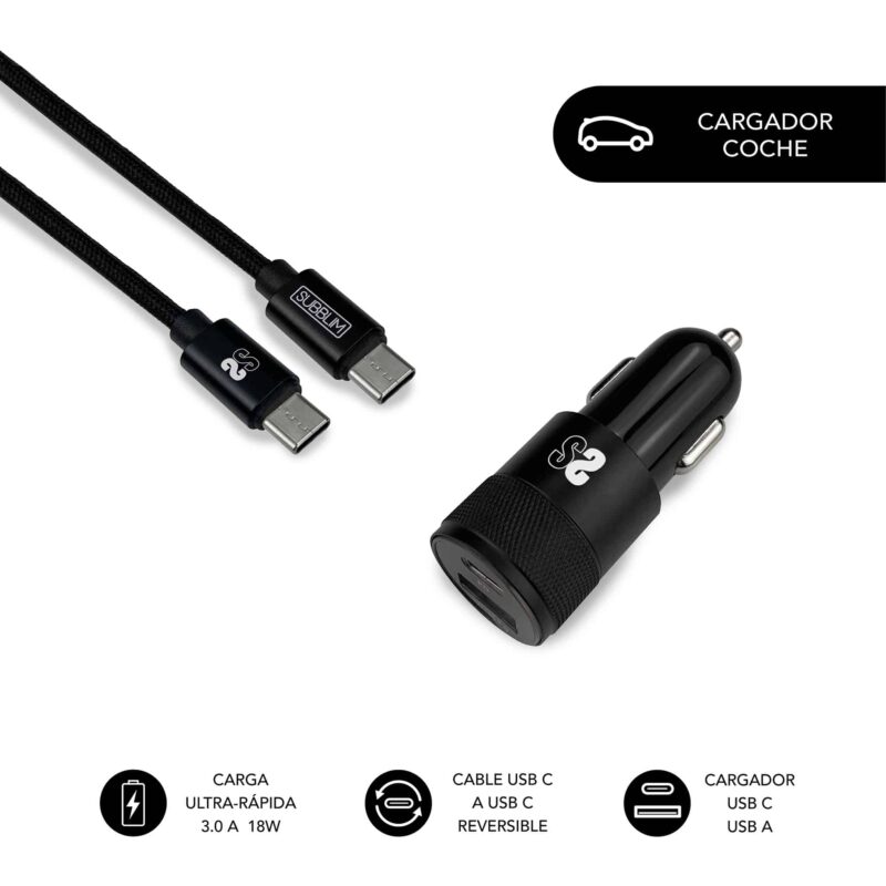 caragador para coche con dos puertos USB para carga simultánea de dispositivos y cable USB C incluido