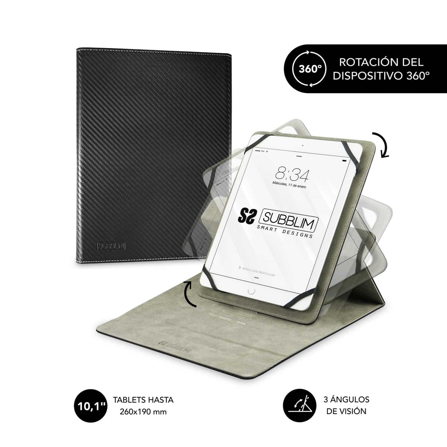 funda negra para tablet universal con sistema de rotación para poner la pantalla en horizontal o vertical