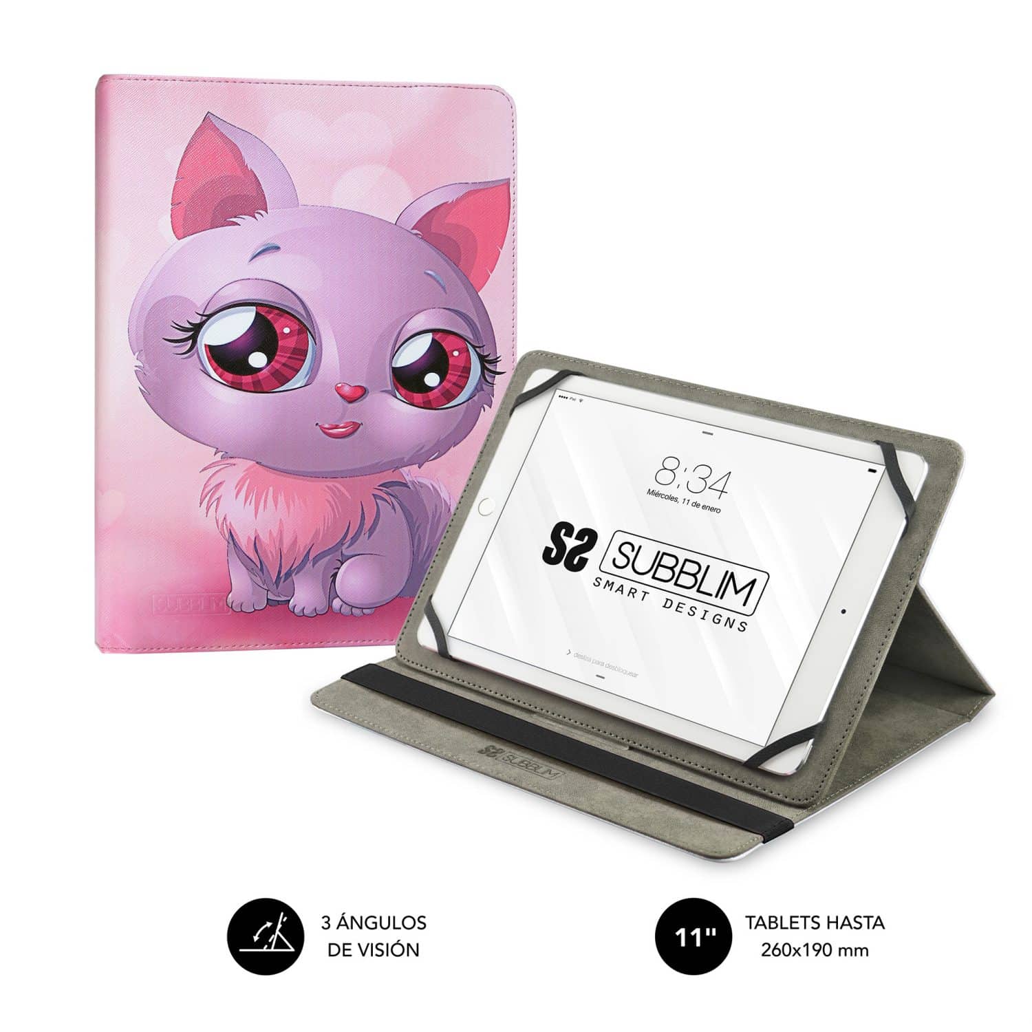Funda tablet universal diseño trendy gatos. Diseño en colores rosados para darle un aspecto delicado