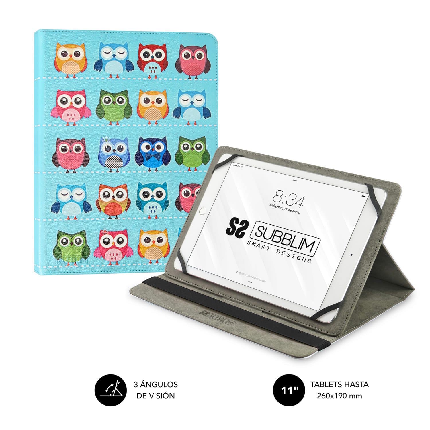 Funda tablet universal diseño buhos de la suerte. Tablets hasta 11 pulgadas