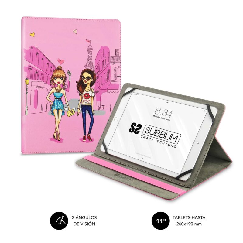 Funda universal para tablet diseño fashion chicas modernas fondo rosa tipo cómic