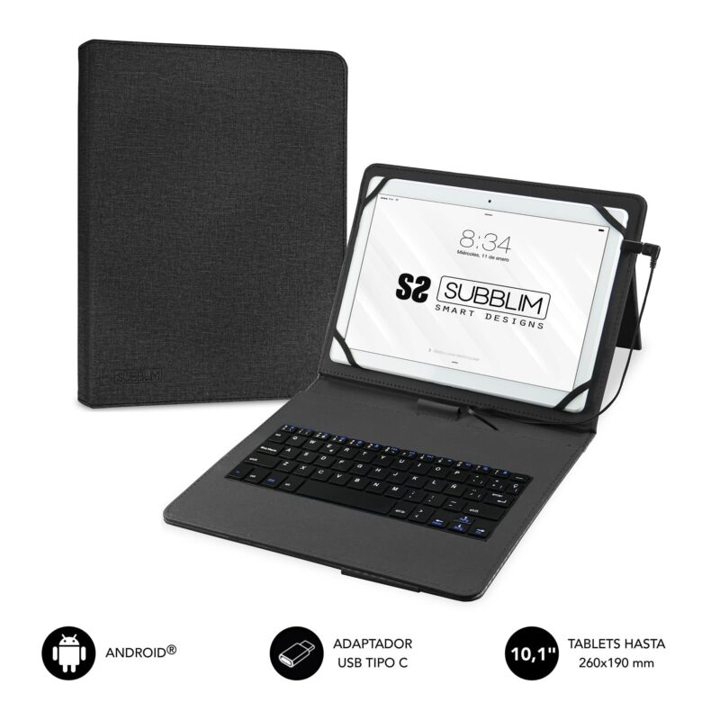 Funda con teclado para tablets Android. Teclado USB. Color negro