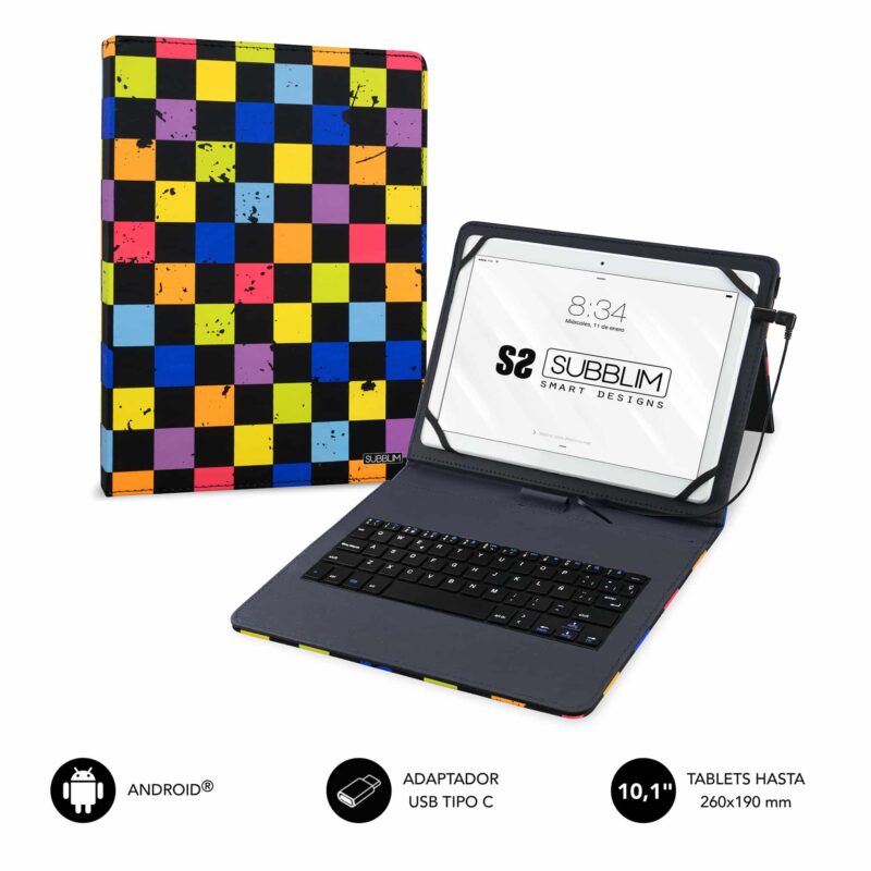 funda con teclado integrado diseño de cuadros en colores y negro. Ideal para convertir tablet Android en portátil
