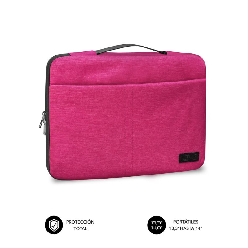 Funda Elegant para portátil Rosa 13,3 a 14 pulgadas. Interior aterciopelado, elegante asa retráctil, doble cremallera y bolsillo exterior para accesorios.