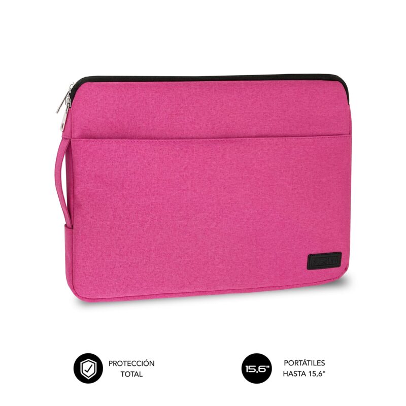 Funda para ordenador 15,6 pulgadas de color rosa con bolsillo exterior para accesorios y asa de transporte retráctil lateral