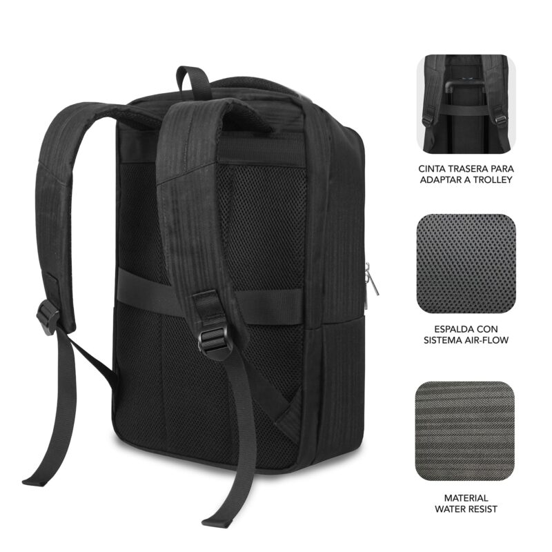 mochila para portatil negra con espalda reforzada. comoda y elegante para el día a día de trabajo