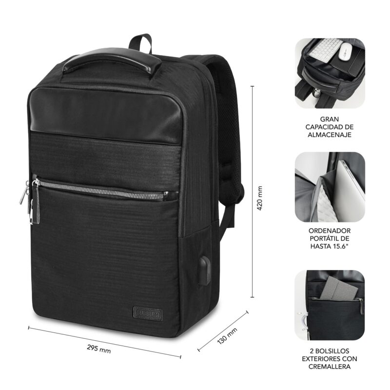 mochila negra para portatil con mucho espacio para documentos y accesorios