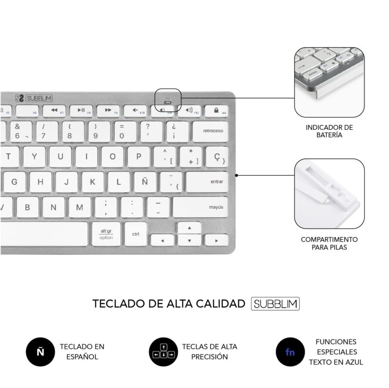 ✅ Teclado con Ratón Bluetooth + 2.4G Combo Multidispositivo Compacto Plateado