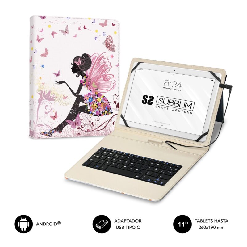 funda universal para tablets android con teclado micro usb integrado. Diseño femenino Hada y mariposas en colores claros.