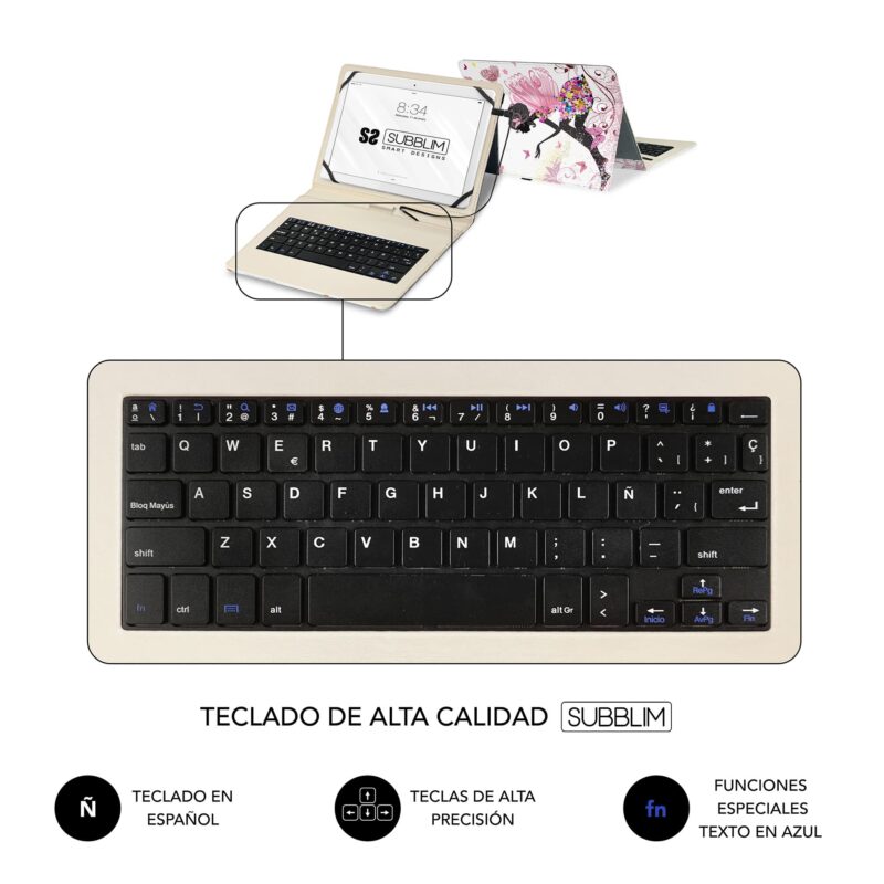 teclado integrado en la funda para tablet android. Conexión del teclado a la tablet mediante micro usb (incluido). diseño de funda con silueta de hada y mariposas rosas
