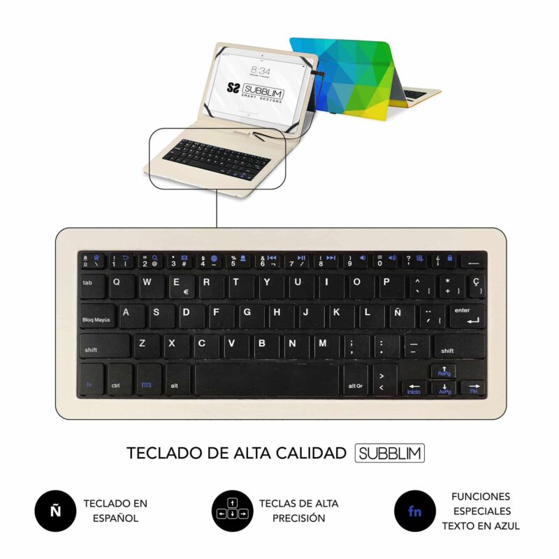 teclado integrado en funda de tablet que se conecta por micro usb a la tablet android y permite introducir datos y trabajar con la tablet como con un portatil. Diseño exterior colores triangulos