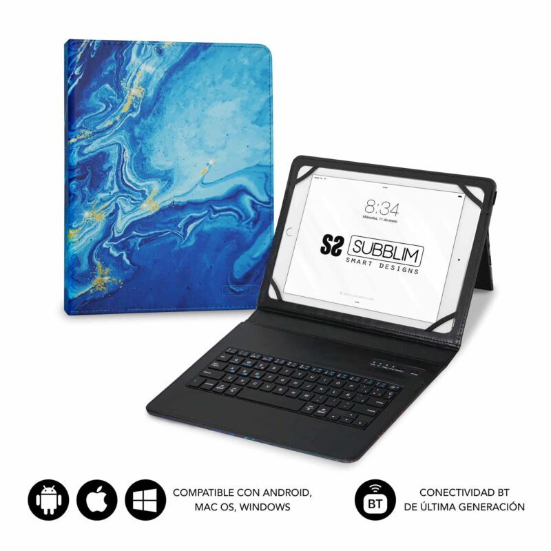 Funda con teclado integrado Bluetooth compatible con Android, iOs y Windows. Diseño marmol aguas azules