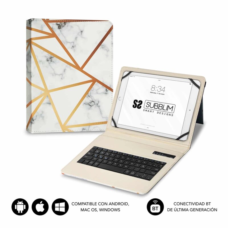 Funda con teclado bluetooth integrado marmol blanco
