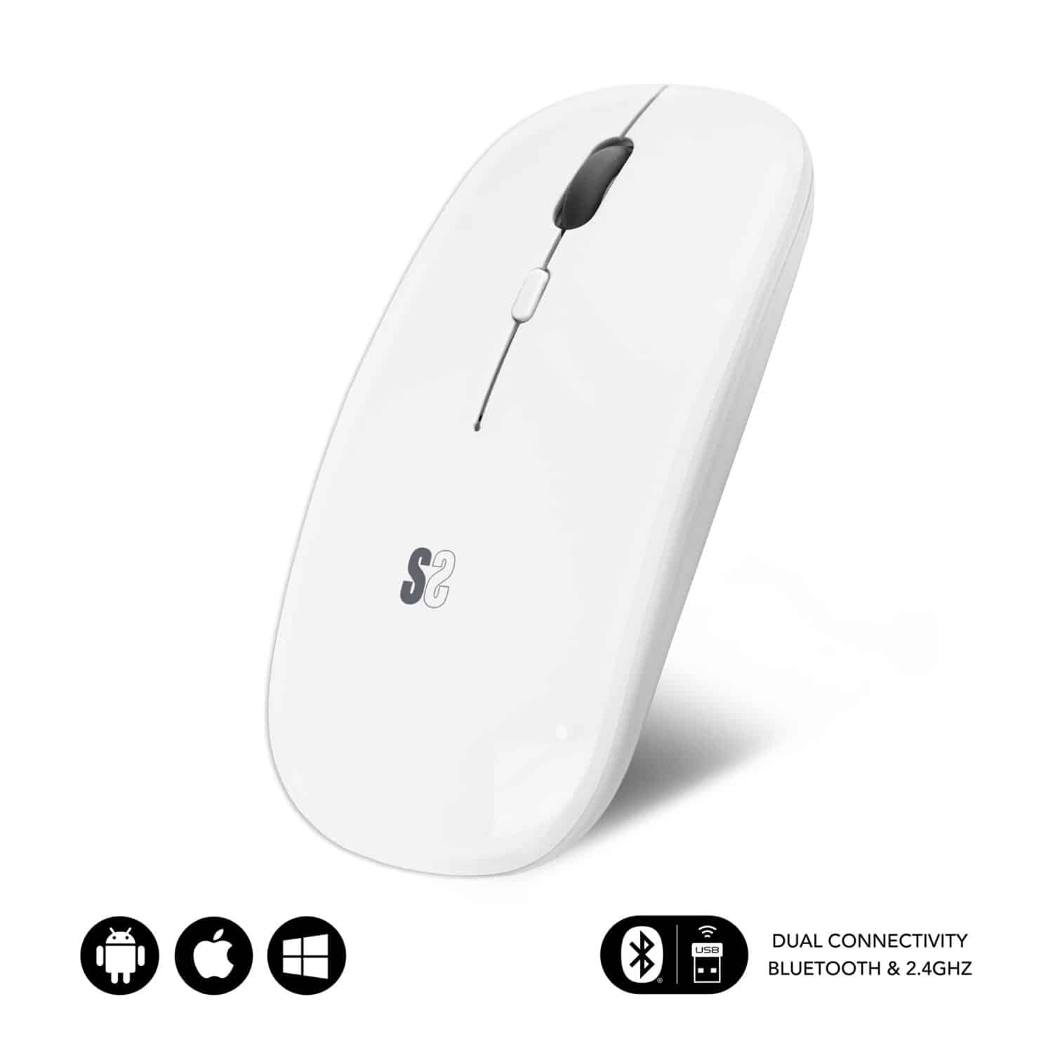 raton blanco conexion dual bluetooth y radiofrecuencia compatible con windows, ipad, android, mac. Estilo elegante plano