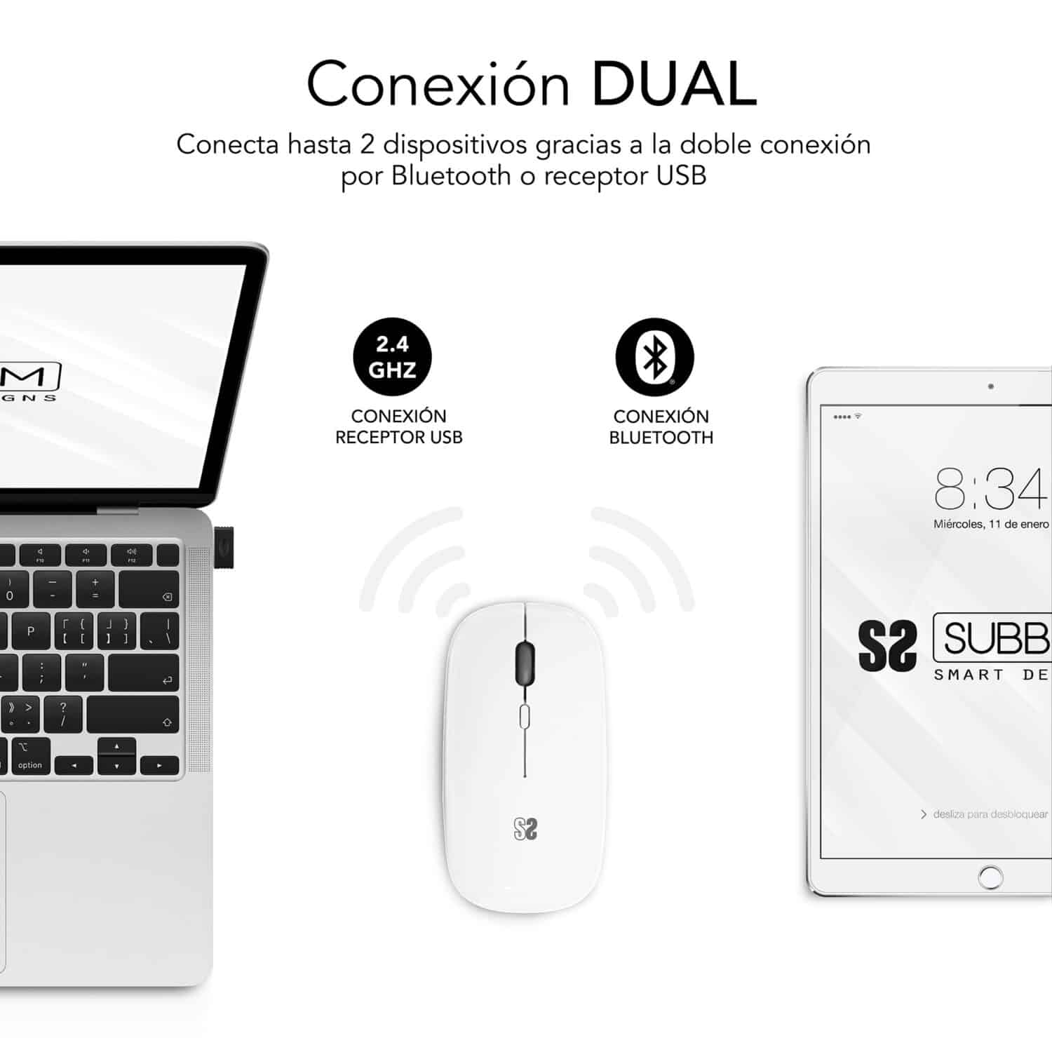 raton blanco bluetooth y radiofrecuencia, raton multidispositivo con conexion dual, raton compatible con mac, ipad, android, windows