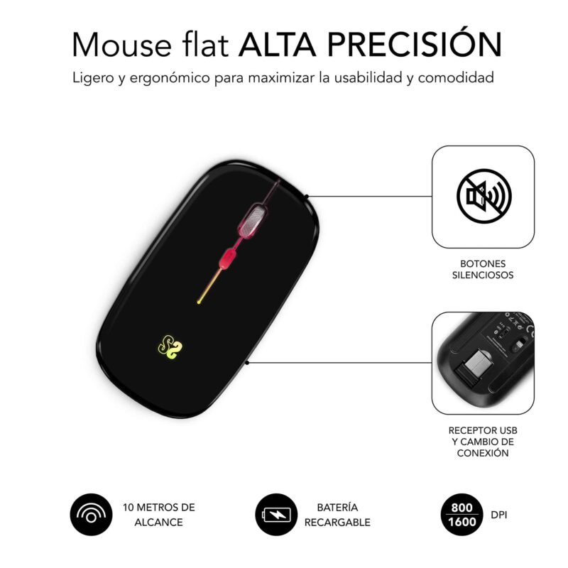 raton dual alta precision hasta 1600dpi en color negro. Con batería recargable