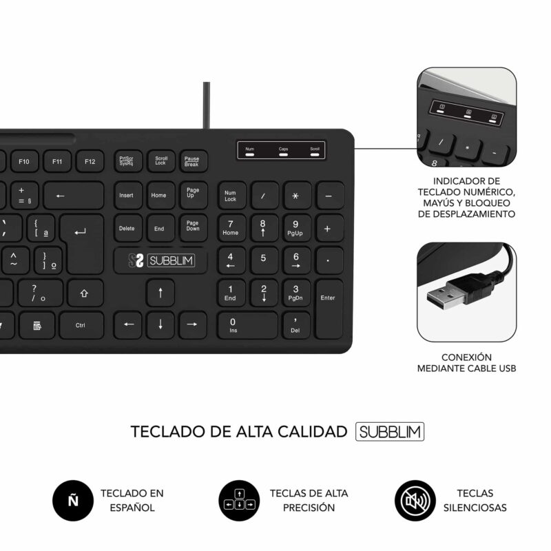 Combo de teclado y ratón con cable usb silencioso, teclado con teclas de funcion, tecals multimedia y teclado numerico, gama business de SUBBLIM