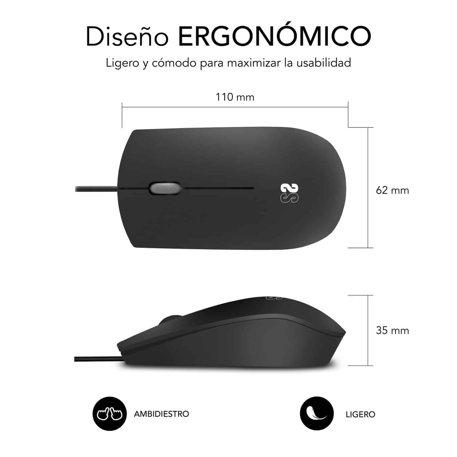 raton con diseño ergonómico que se ajusta a la mano, ambidiestro, gama business, ideal para empresas en color negro