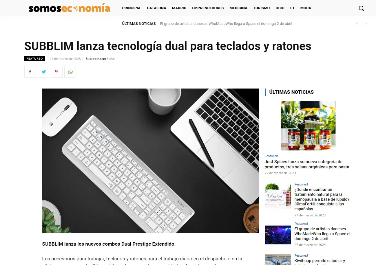 ✅ Conectividad dual Radiofrecuencia con receptor USB + Bluetooth aparición en somos economia de la nota de prensa del lanzamiento de los combos prestige de subblim con conectividad dual