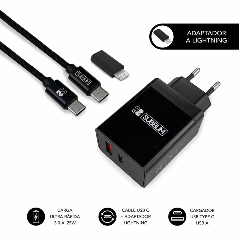 ✅ Cargador Pared Smart charger PD25W+QC3.0+C to C/Lightning cable - Negro