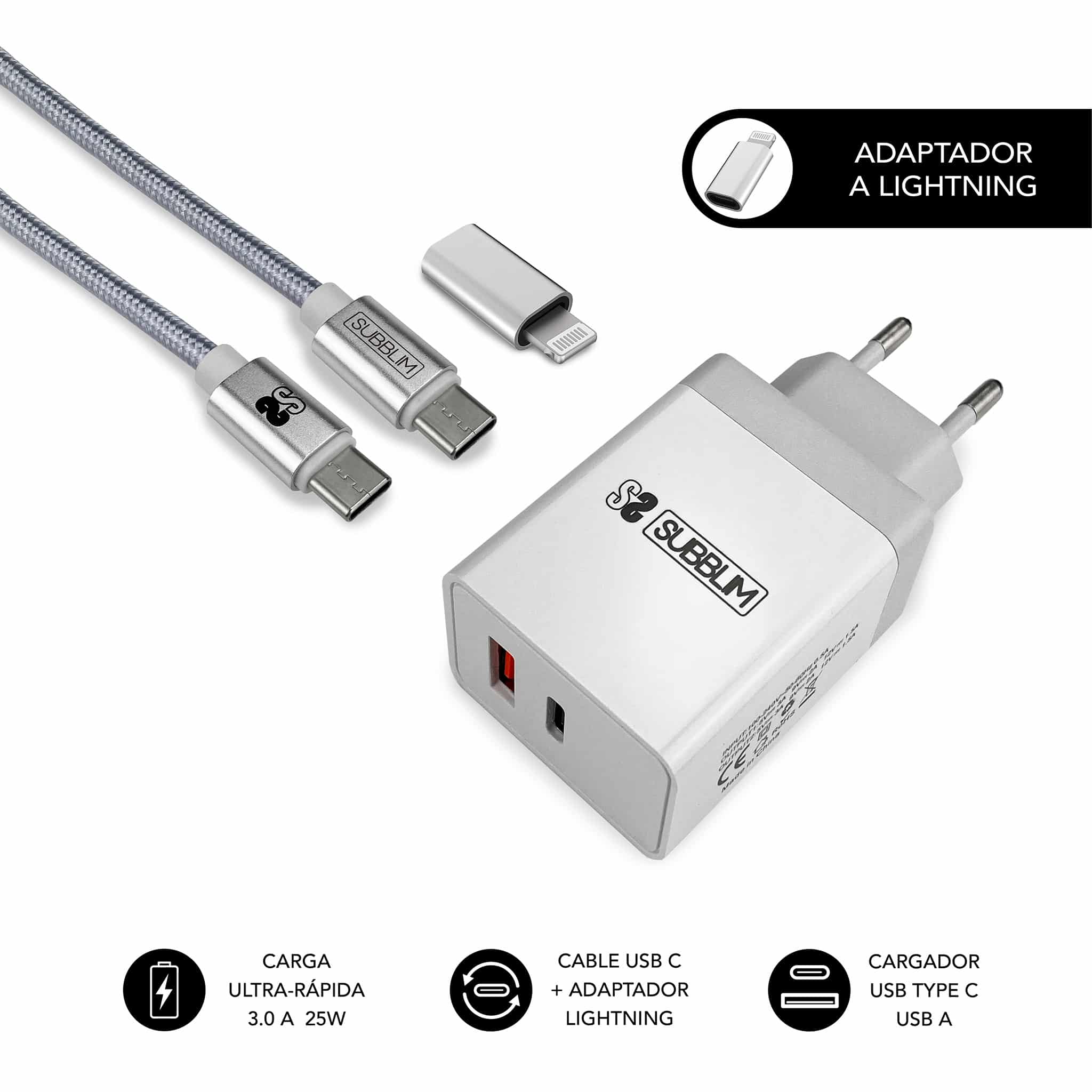 Subblim Cargador de pared doble, USB-A + USB-C, 25W, 3A, con cable USB-C y  adaptador Lightning, negro - Cargadores de Móviles Kalamazoo