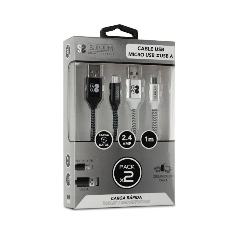 ✅ Pack 2 cables USB A – MICRO USB (2.4A) Negro/Plata
