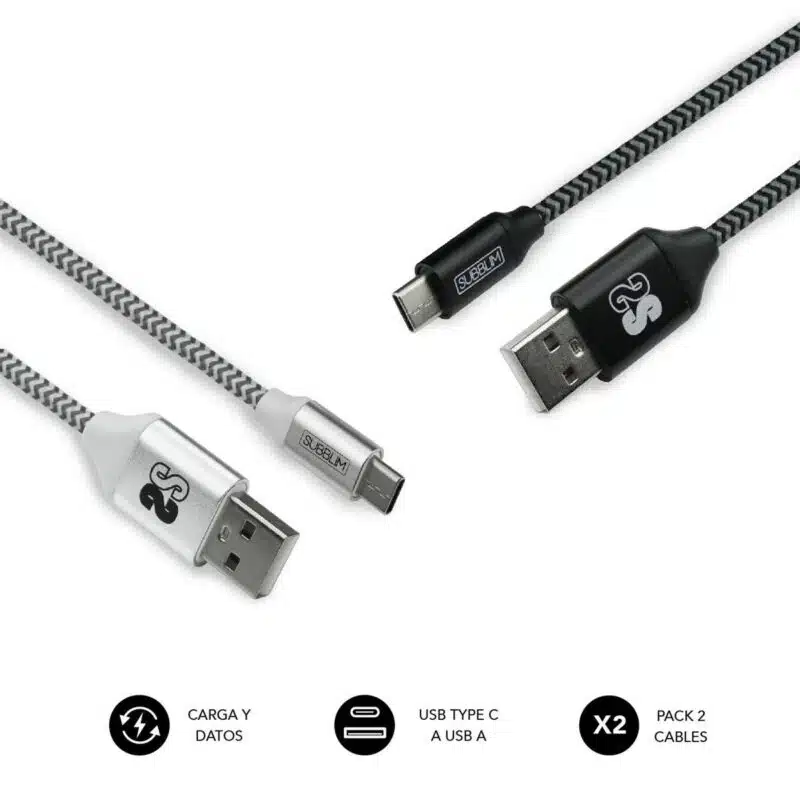Pack 2 Cables Usb Tipo C – Usb A (3.0A) Negro/Plata
