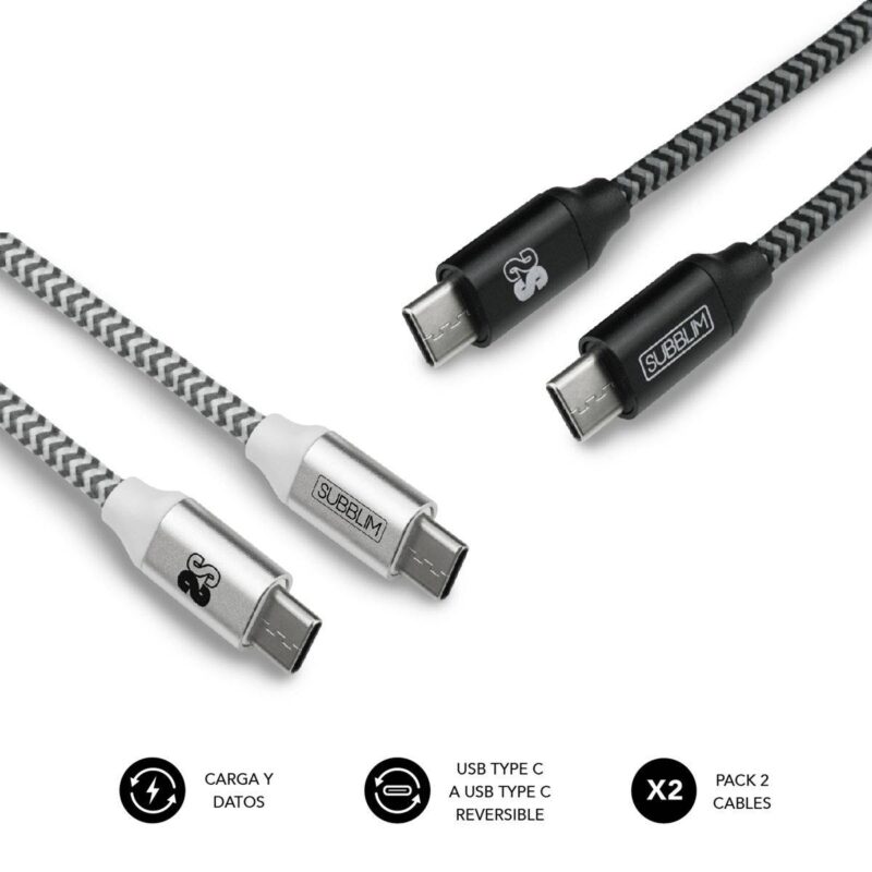 ✅ Pack 2 Cables USB tipo C – USB tipo C (3.0A) Negro/Plata