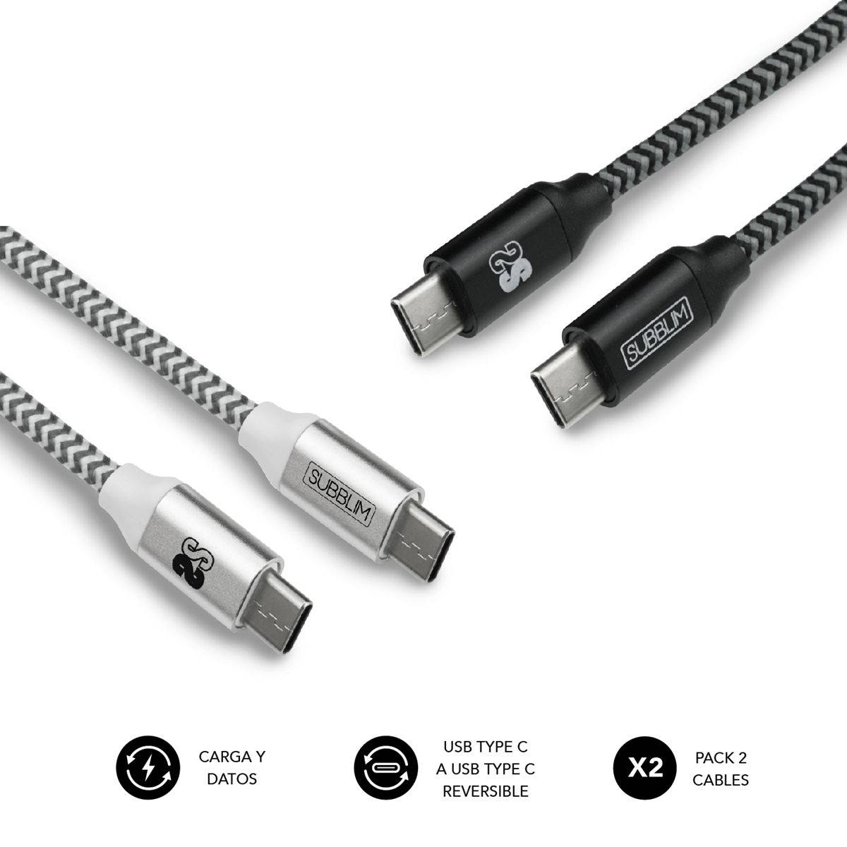 ✓ Pack 2 Cables USB tipo C – USB tipo C (3.0A) Negro/Plata