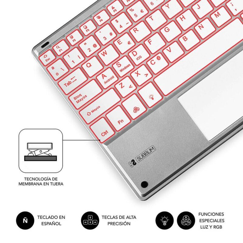 ✅ Teclado retroiluminado Bluetooth Smart para Tablet o iPad - Blanco-Plata