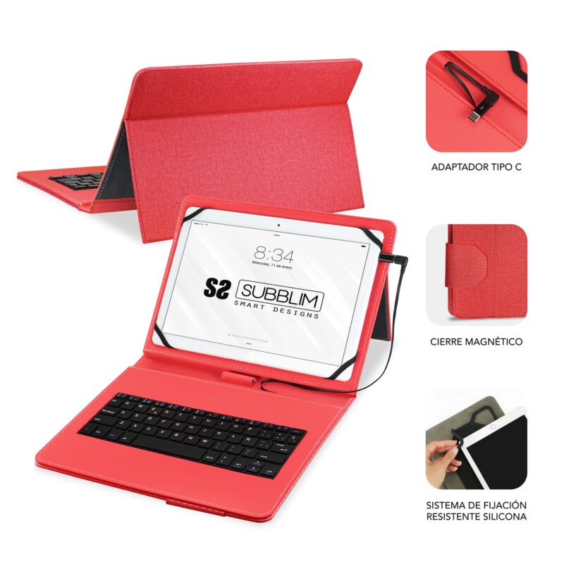 ✅ Funda con teclado micro USB – USB C KEYTAB PRO USB 9.6″ – 11″ - Rojo