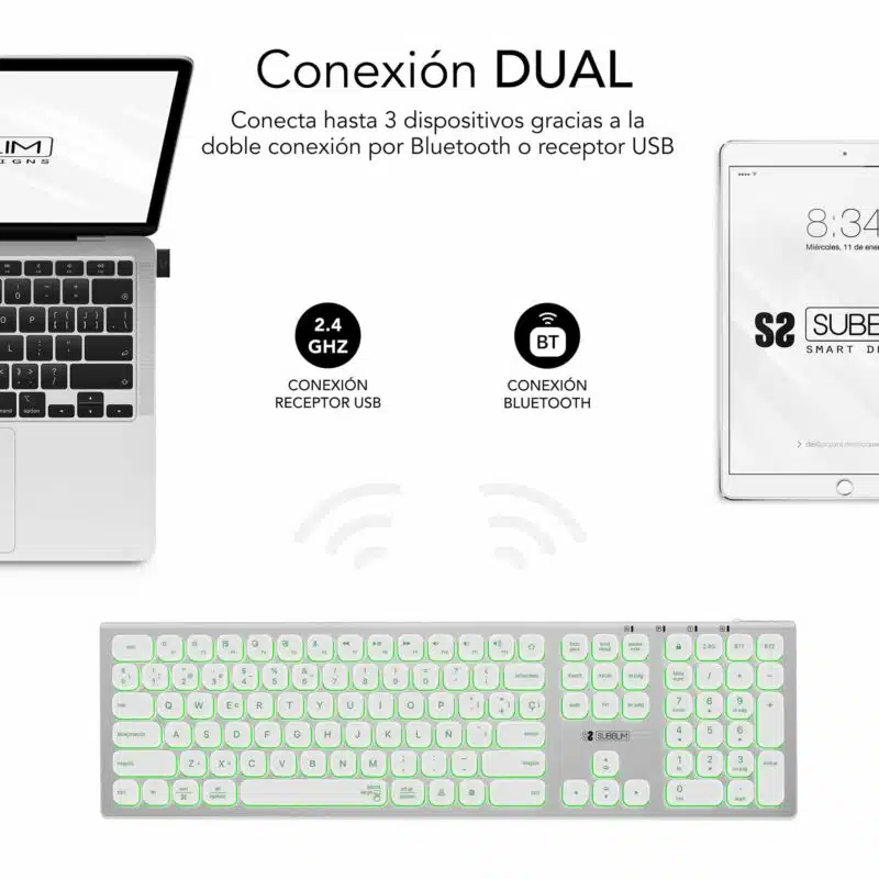 Clavier Bluetooth/2.4G éclairé Master Extended Blanc/Argent – Image 2
